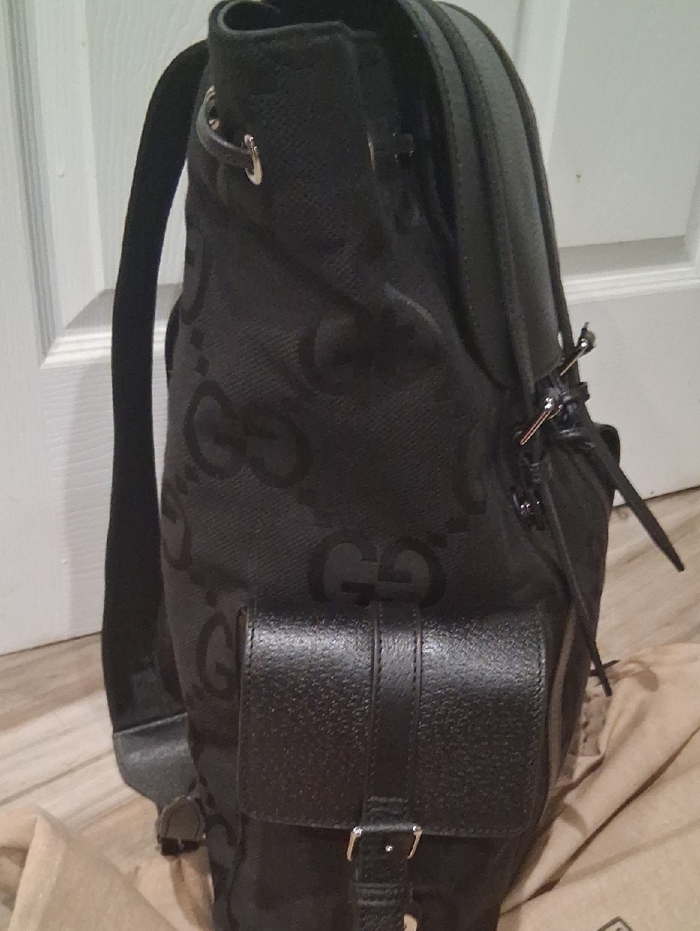 Gucci Black GG Canvas Drawstring Flap Backpack with Leather Trim - Picture 3 of 7